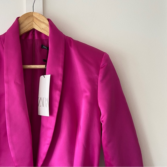 Zara Pink Satin Blazer Dress, deep v neckline & knotted waistband - Size Medium - Picture 2 of 11